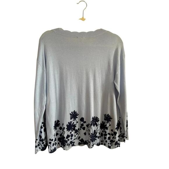 Talbots Womens Medium Sweater Petite Pullover Blue Floral Cotton Scalloped Hem - Picture 2 of 5